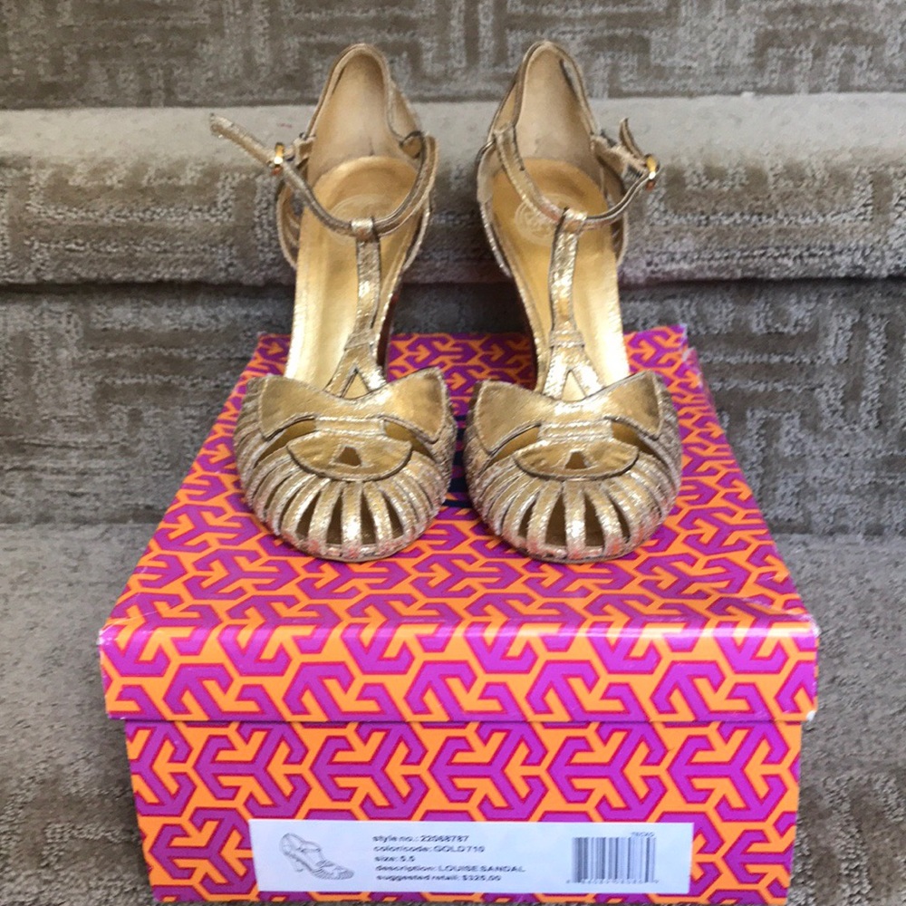 Tory Burch crackled gold leather deco style heels